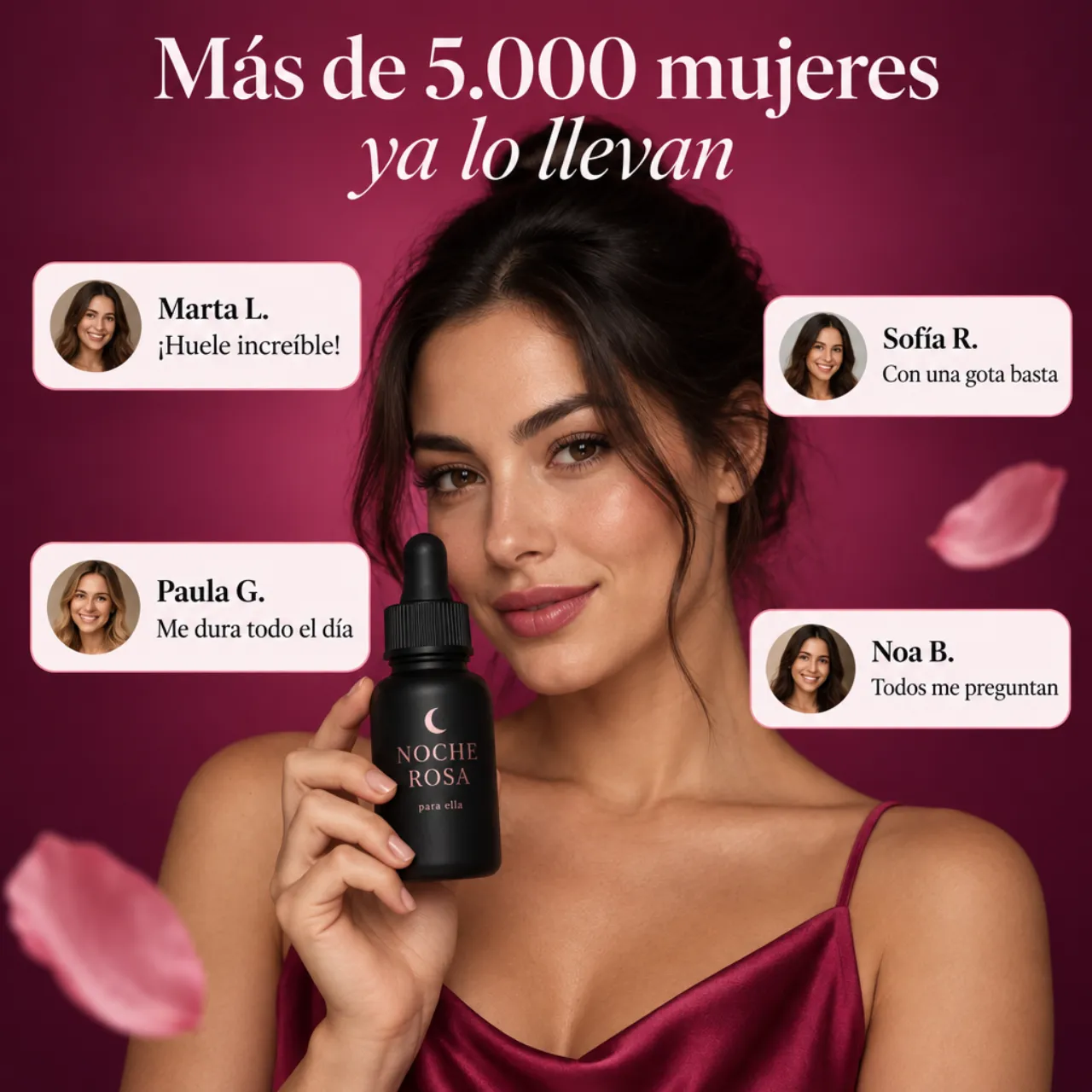 Una mujer con el frasco, rodeada de comentarios de clientas